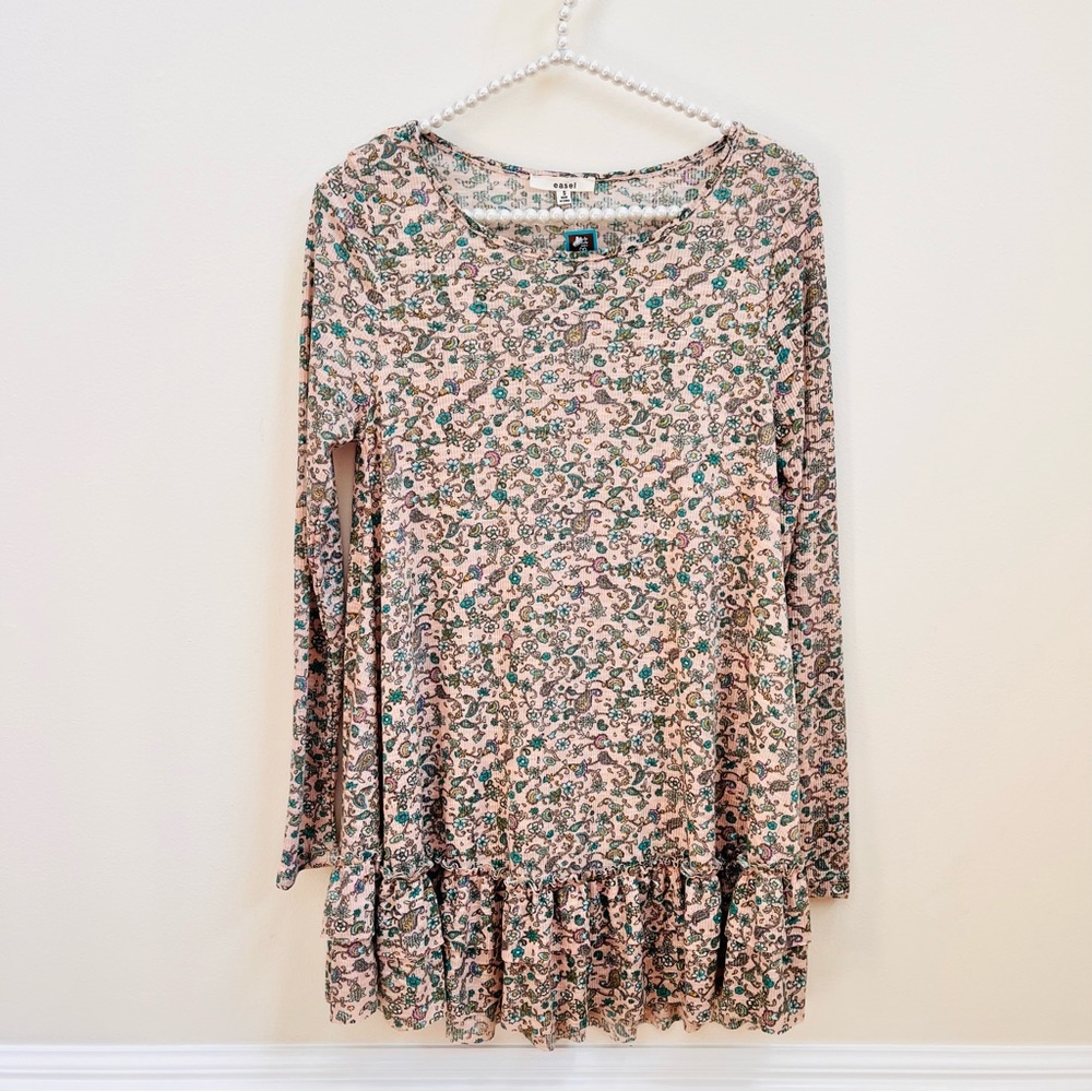 Easel Long Sleeve Floral Printed Ruffle Hem Tunic Top - Picture 1 of 4